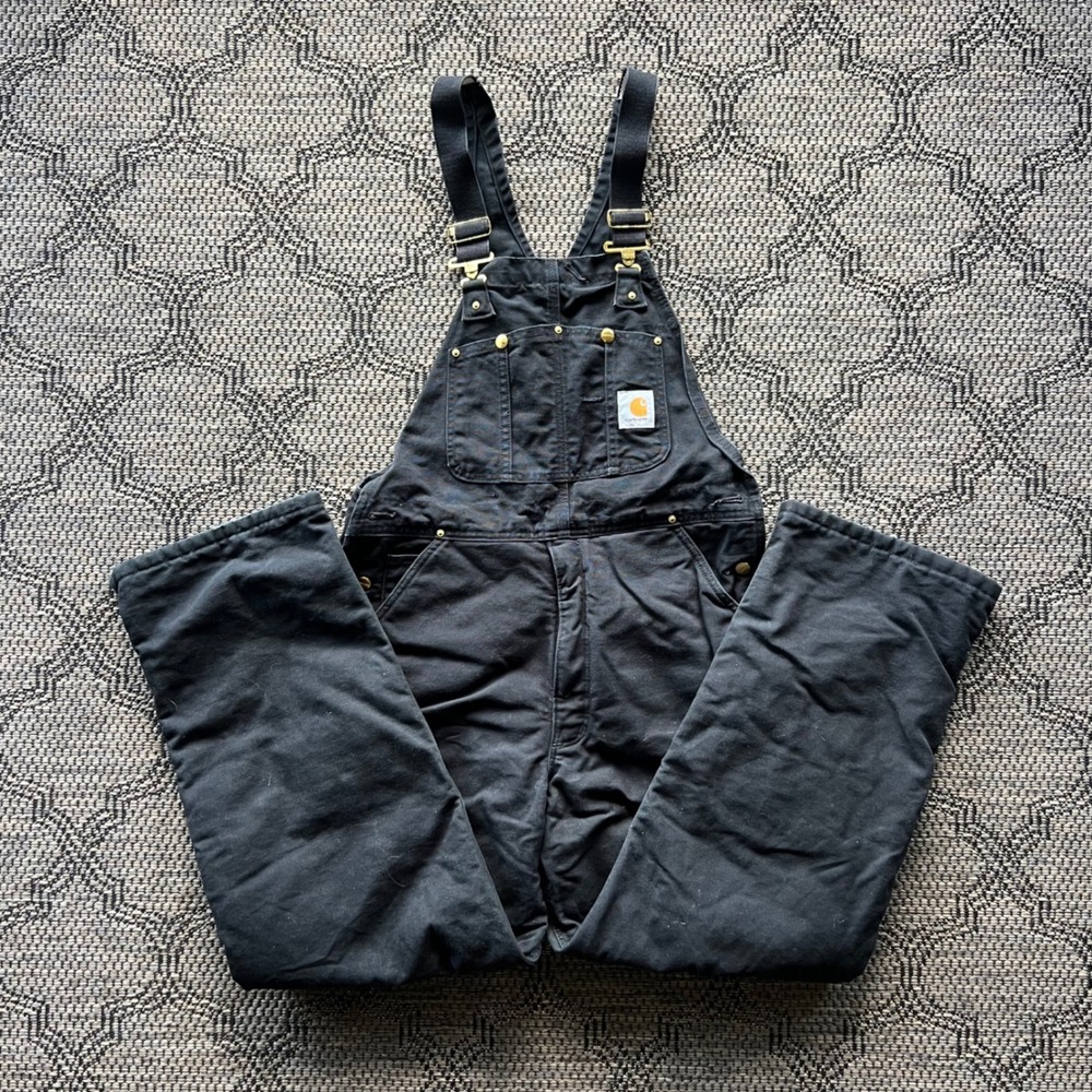 Carhartt Overalls Mens 36x28 Black Quilt Lined Double Knee R02 BLK Bib Workwear